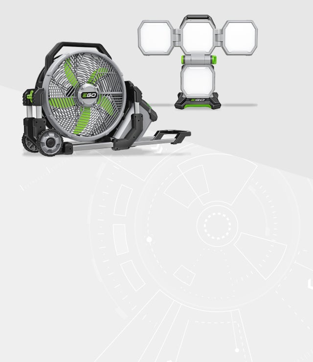 Enhance your EGO platform collection with lifestyle products like misting fans and portable area lights. All are compatible with all EGO ARC Lithium™ batteries.